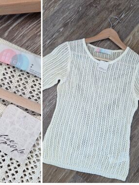 Free People Cream Open Knit Short Sleeve Sweater Top NWT Boho Beach Resortwear